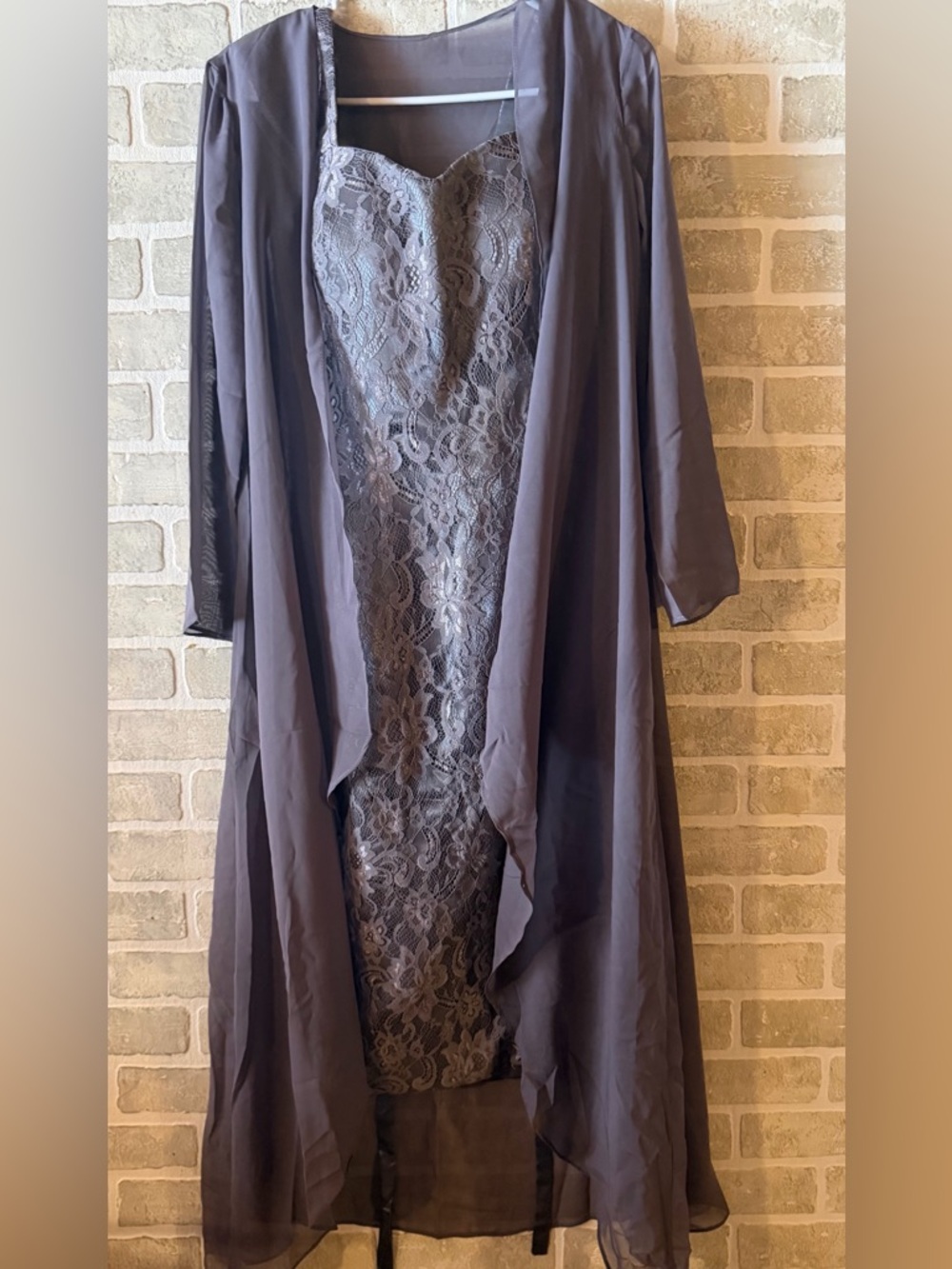 Lace Gown with Sheer Robe - Light Gray Purple